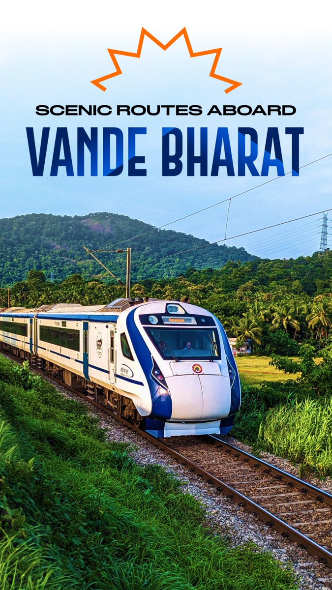 An amity of slopes and idyllic farmland sets the stage for the sleek #VandeBharatExpress as it glides along the tracks in Thrissur, Kerala.
