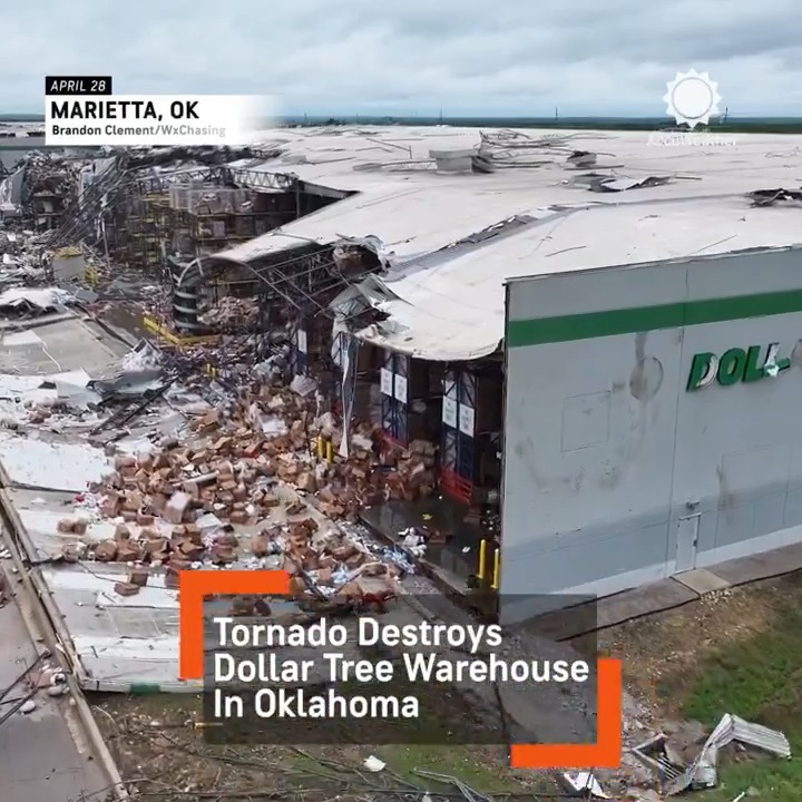 A tornado ripped through Marietta, Oklahoma, destroying a Dollar Tree distribution center and flipping semis. #OKwx