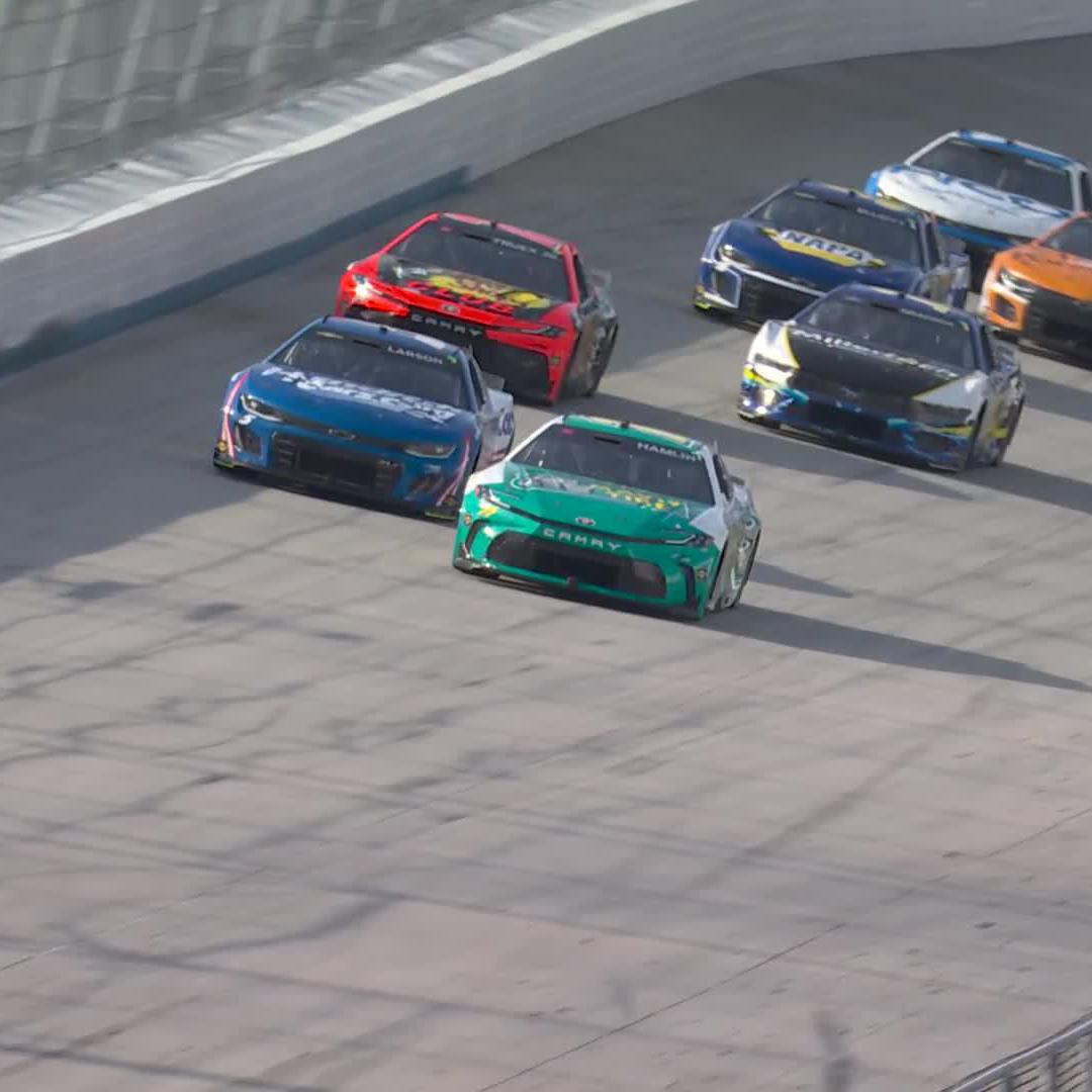 A pile-up on the restart! Multiple cars are collected in this incident coming off of Turn 2.