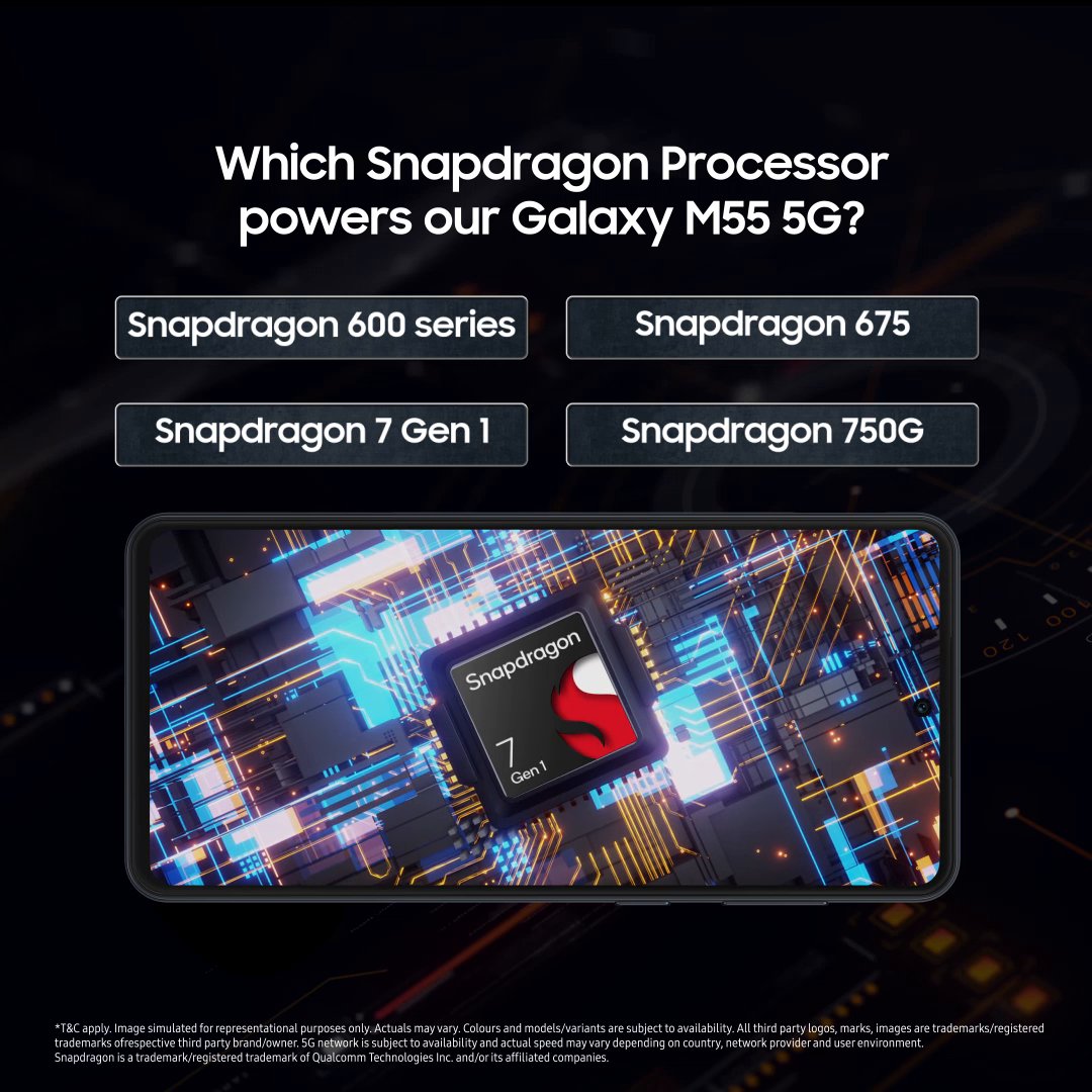 The speed of the Snapdragon Processor makes sure the Monster is always up for heavy tasks. The #GalaxyM55 5G cannot be tamed. How well do you know the Galaxy M55 5G? Answer in the comments below and stand a chance to win* a Samsung e-store voucher worth ₹7000.