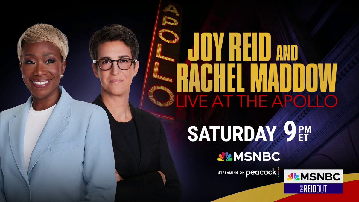Joy Reid and Rachel Maddow teamed up for a live event at the Apollo Theater to discuss Joy’s best-selling book, "Medgar &amp; Myrlie." Tune in Saturday at 9pm ET on MSNBC.
