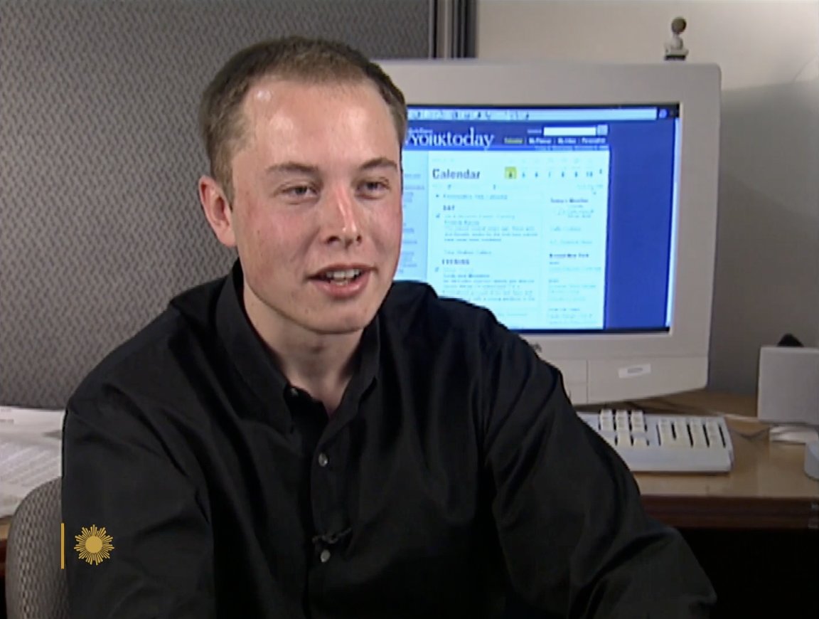 "It's a classic Silicon Valley story." Here's the first interview and TV report on Elon Musk, from CBS in 1998. Elon was 27 at the time. His first company, Zip2, had been founded just 3 years earlier. Elon Musk