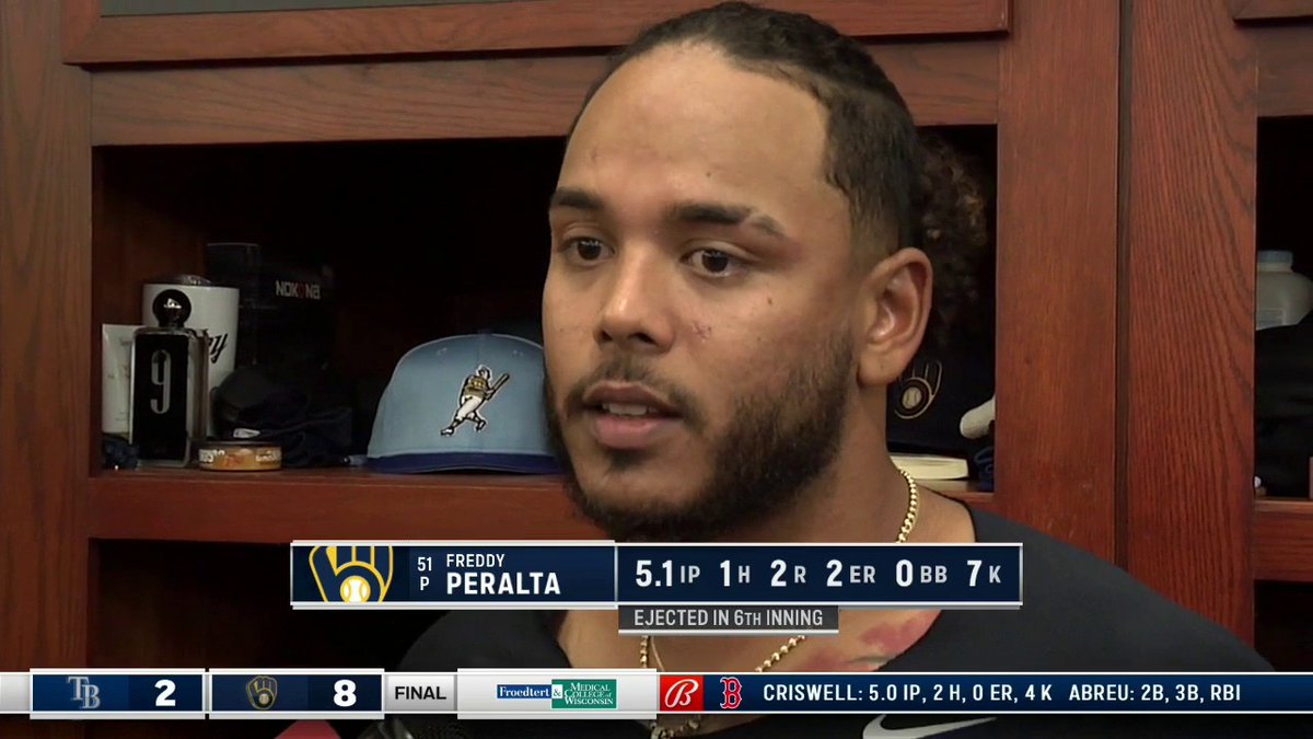 "There is no reason for me to hit him ... my goal for tonight was to go deep into the game." #Brewers pitcher Freddy Peralta after his questionable ejection in the win over the Rays. #ThisIsMyCrew | #MLB