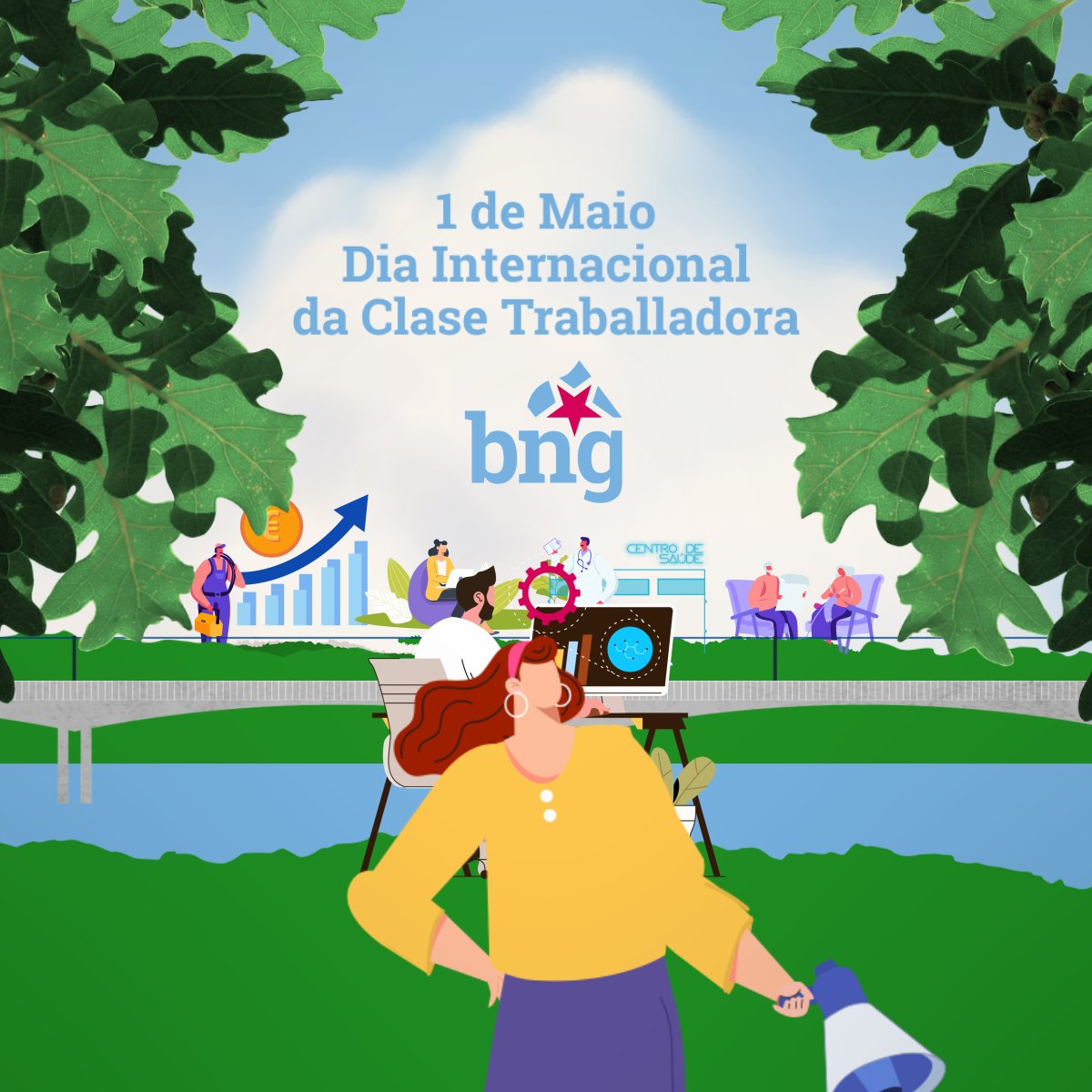 Salarios, pensións, dereitos sociais e servizos públicos. Temos dereito a unha vida digna e poder vivir e traballar na nosa Terra. Por unha Galiza viva, forte, xusta e con futuro. Viva o Primeiro de Maio!