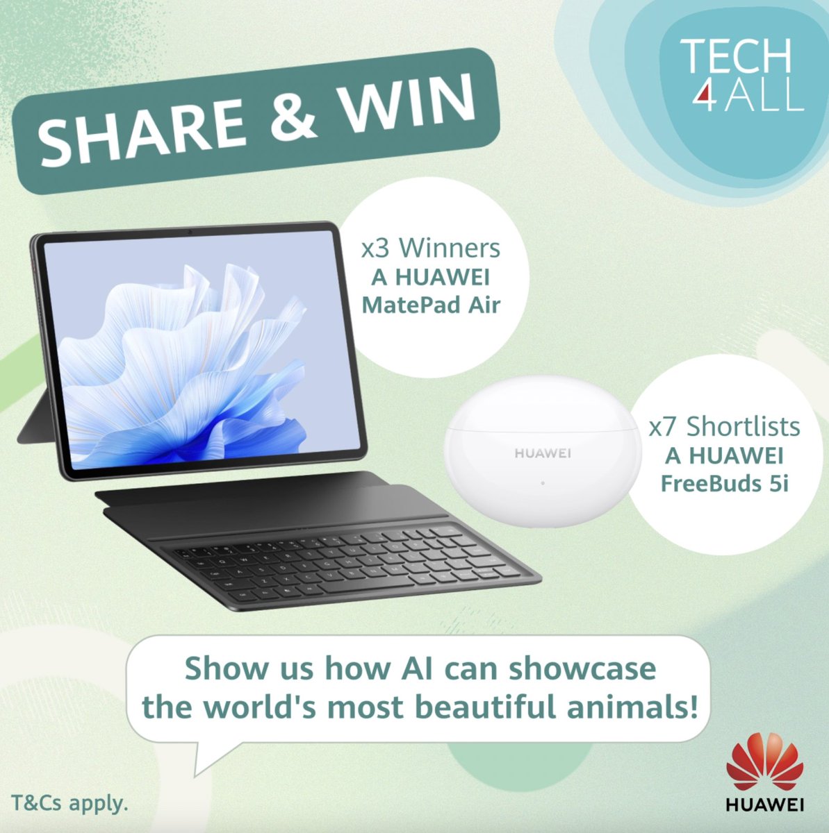 Unleash your creativity for a cause! 🎨 Join the #Tech4Nature AI for Wildlife Challenge for a chance to win either one of three Huawei MatePad Airs or one of seven Huawei FreeBuds 3i! Here's how: 1. Use any #AI tool and generate an AI-generated artwork that showcases the beauty of any endangered species. 2. Comment on or quote tweet this post with your artwork, the name of the AI tool used, and hashtag #Tech4Nature together with your idea in a short sentence by 22 May. T&Cs apply: #TECH4ALL