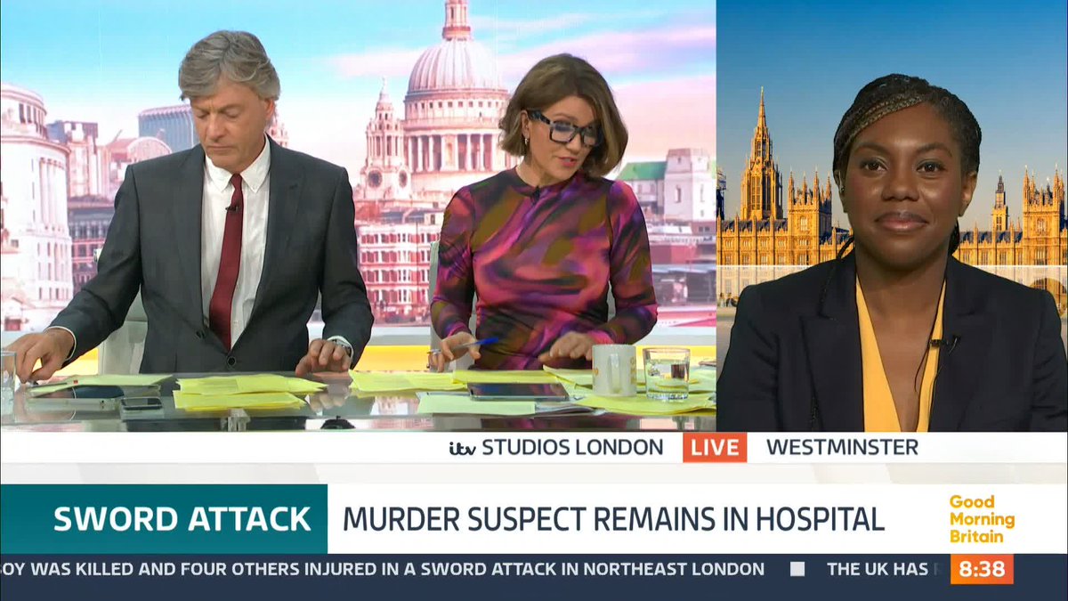 'Murder is banned and people still kill.' Susanna Reid questions Kemi Badenoch MP on whether swords can be included in upcoming legislation to ban certain weapons and if the legislation can be moved up. The Business Secretary says 'it might be possible'.