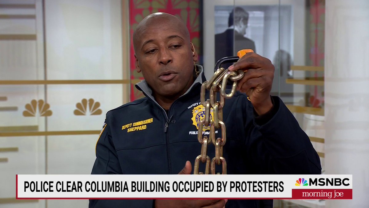 Deputy Commissioner Tarik Sheppard shows the chains used to secure Hamilton Hall at Columbia University. "This is not what students bring to school. This is what professionals bring to campuses and universities."