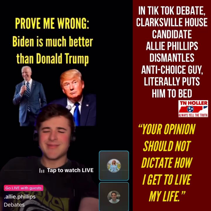🔥 WATCH: “Your opinion should not dictate how I live my life.” In a Tik Tok debate, CLARKSVILLE House candidate @allie4tn DISMANTLES an anti-choice guy and puts him to bed — showing why men should not dictate women’s reproductive rights. To support: