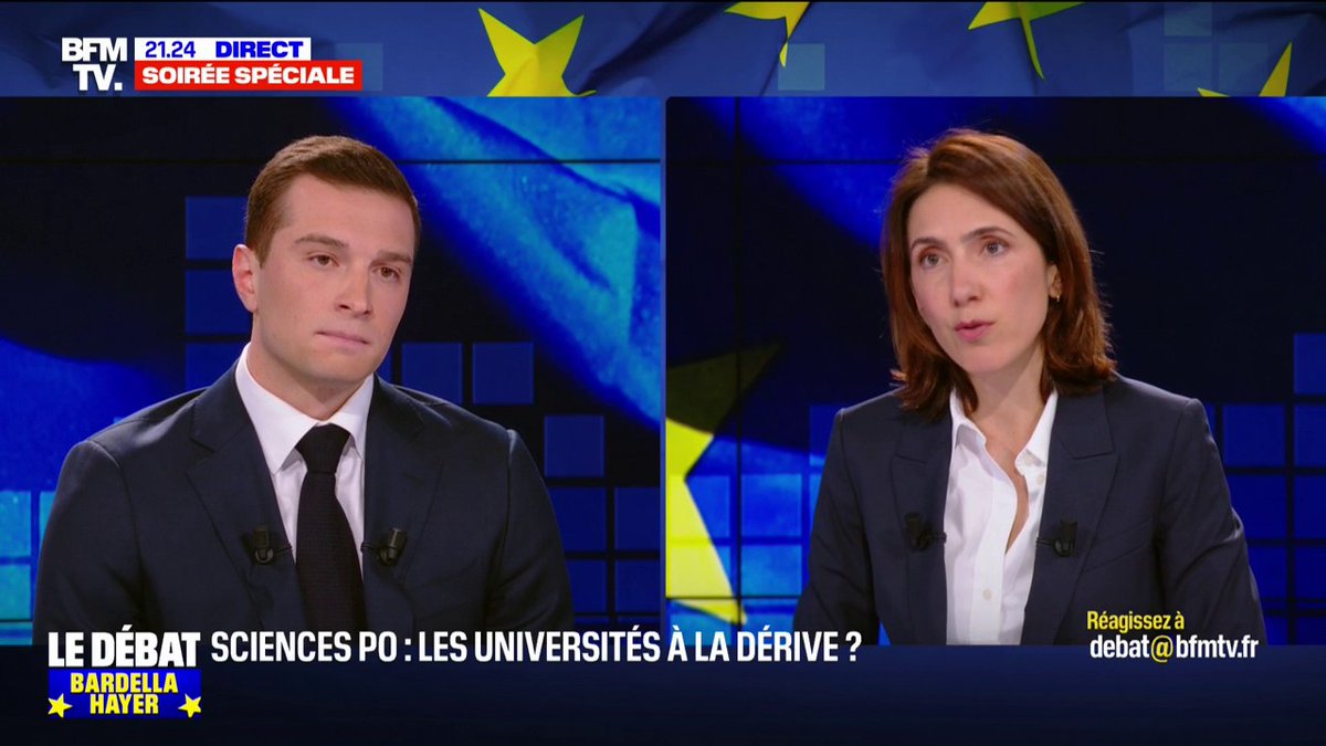 Valérie Hayer demande à Jordan Bardella de reconnaître que "Jean-Marie Le Pen a été le déshonneur de sa formation politique pendant 50 ans" #débatBFMTV