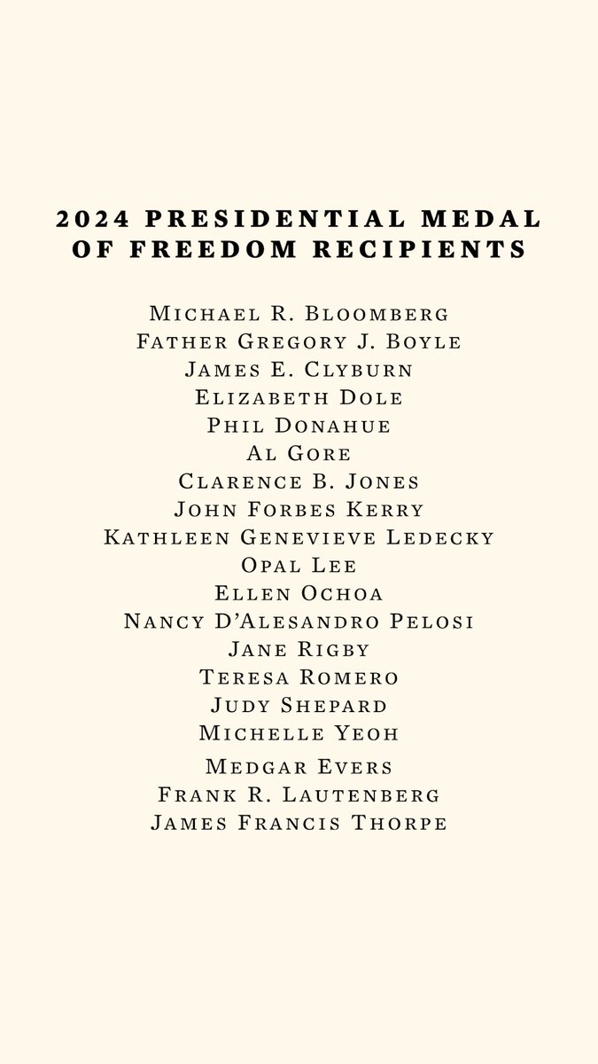 Folks, it's my honor to present the nineteen extraordinary Americans who will join me at the White House this afternoon to receive our nation's highest civilian honor, the Presidential Medal of Freedom.