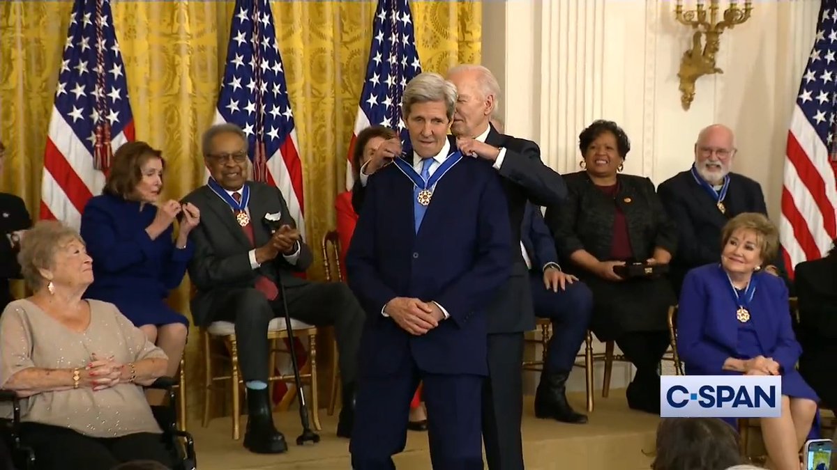 Former Secretary of State John Kerry receives the Presidential Medal of Freedom.