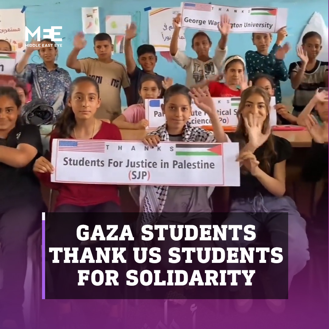 “Merci Columbia Merci Science-Po Merci UCLA” Message très émouvant d’écoliers à Gaza aux étudiants qui se soulèvent en leur nom et au nom de notre humanité commune.