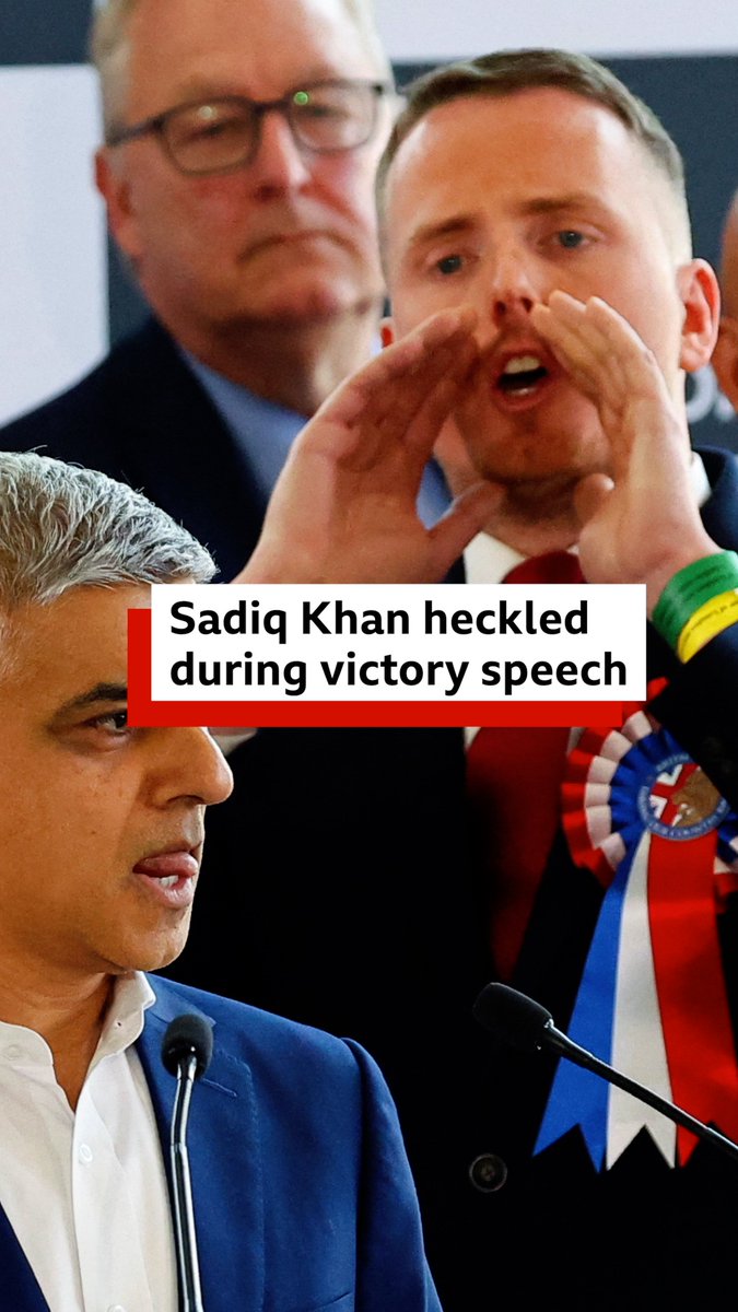 The moment Britain First's Nick Scanlon heckled Sadiq Khan as he began his victory speech after winning a historic third term as London mayor. #bbcnews #breakingnews #london