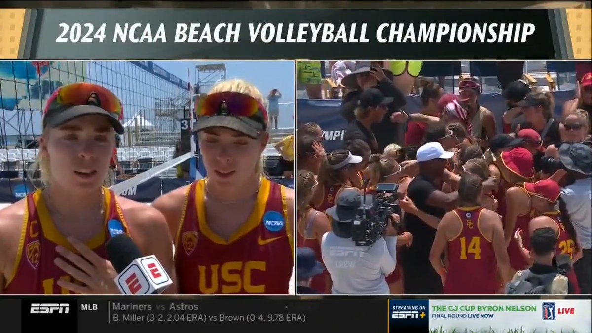 “He’s bigger and we’re just playing for His glory.” The Nourse twins point to God postgame after clinching a second straight national title for USC Beach Volleyball 🎥 ESPN