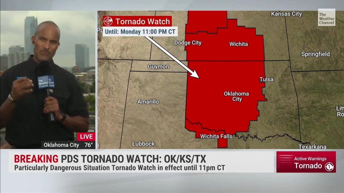 BREAKING: A Particularly Dangerous Situation Tornado Watch has been issued for parts of Kansas, Oklahoma and Texas until 11:00 p.m. CT. This includes Oklahoma City where our Paul Goodloe is live with an update on current conditions: