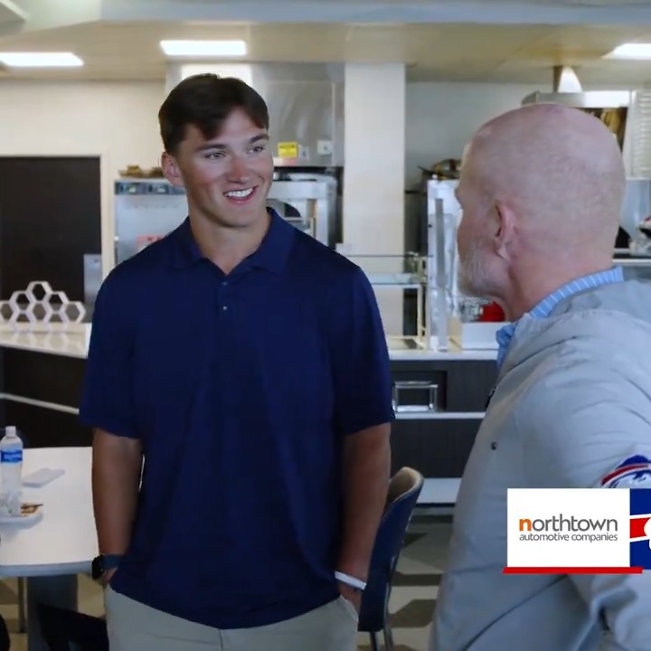 .@Cole_Bishop_8 is going to feel right at home with Dalton Kincaid in Buffalo. 😁 Go behind-the-scenes with Brandon Beane during our 2024 NFL Draft: Northtown Automotive | #BillsMafia