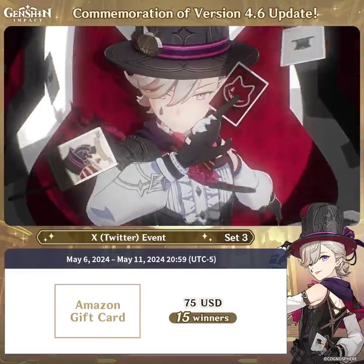 ✨Set 3✨ Commemoration of Version 4.6 Update 🎁Participate in the event for a chance to win a $75 Amazon gift card. How to Participate: ① Follow Genshin Impact ② Retweet this post You can instantly check the event results here>>> #GenshinImpact4ꓸ6