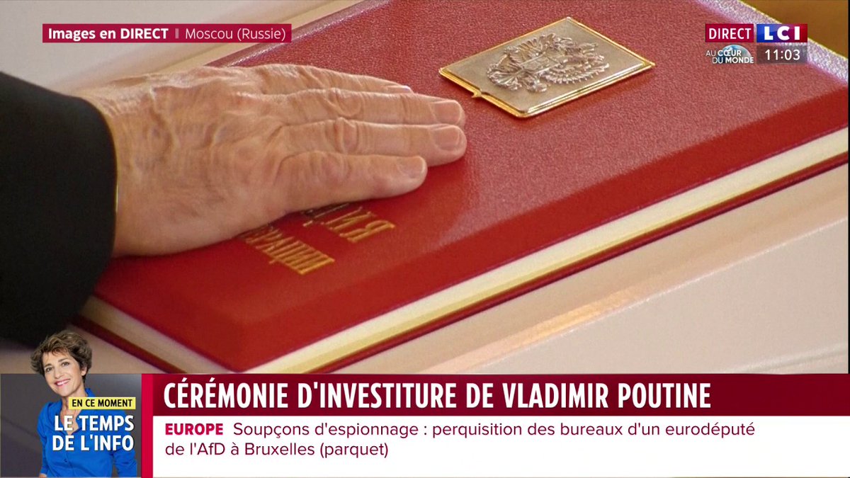 🔴 Investiture de Vladimir Poutine Le président russe a prêté serment la main sur la Constitution dans le Grand Palais doré du Kremlin et entame un mandat de six années supplémentaires ⤵️