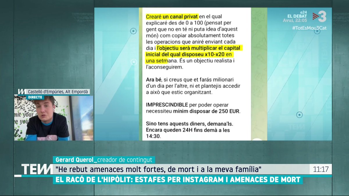 El Racó de l’Hipòlit, un antic compte de mems, denunciat per estafa i amenaces de mort “Vaig avisar els meus seguidors i vaig començar a rebre amenaces de mort amb l’adreça de casa meva”, Gerard Querol (@gerryquerryberry), creador de contingut #TotEsMou3Cat