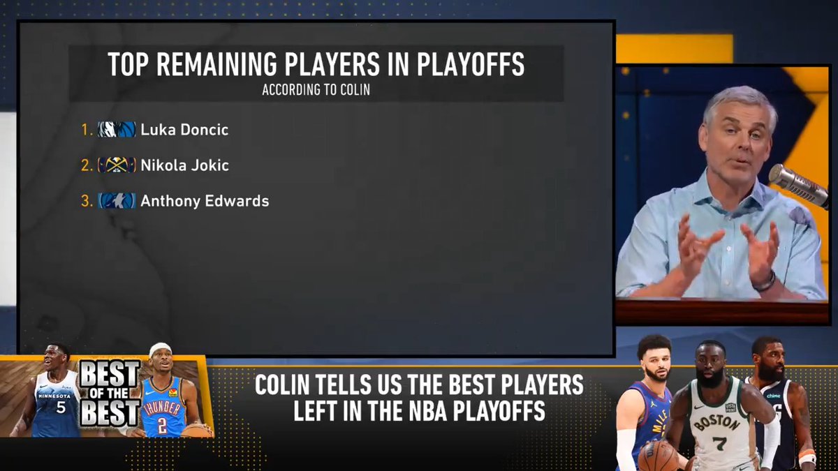 1. 2. 3. 4. 5. Donovan Mitchell 6. Jayson Tatum 7. 8. 9. 10. Colin Cowherd ranks his Top 10 players remaining in the playoffs