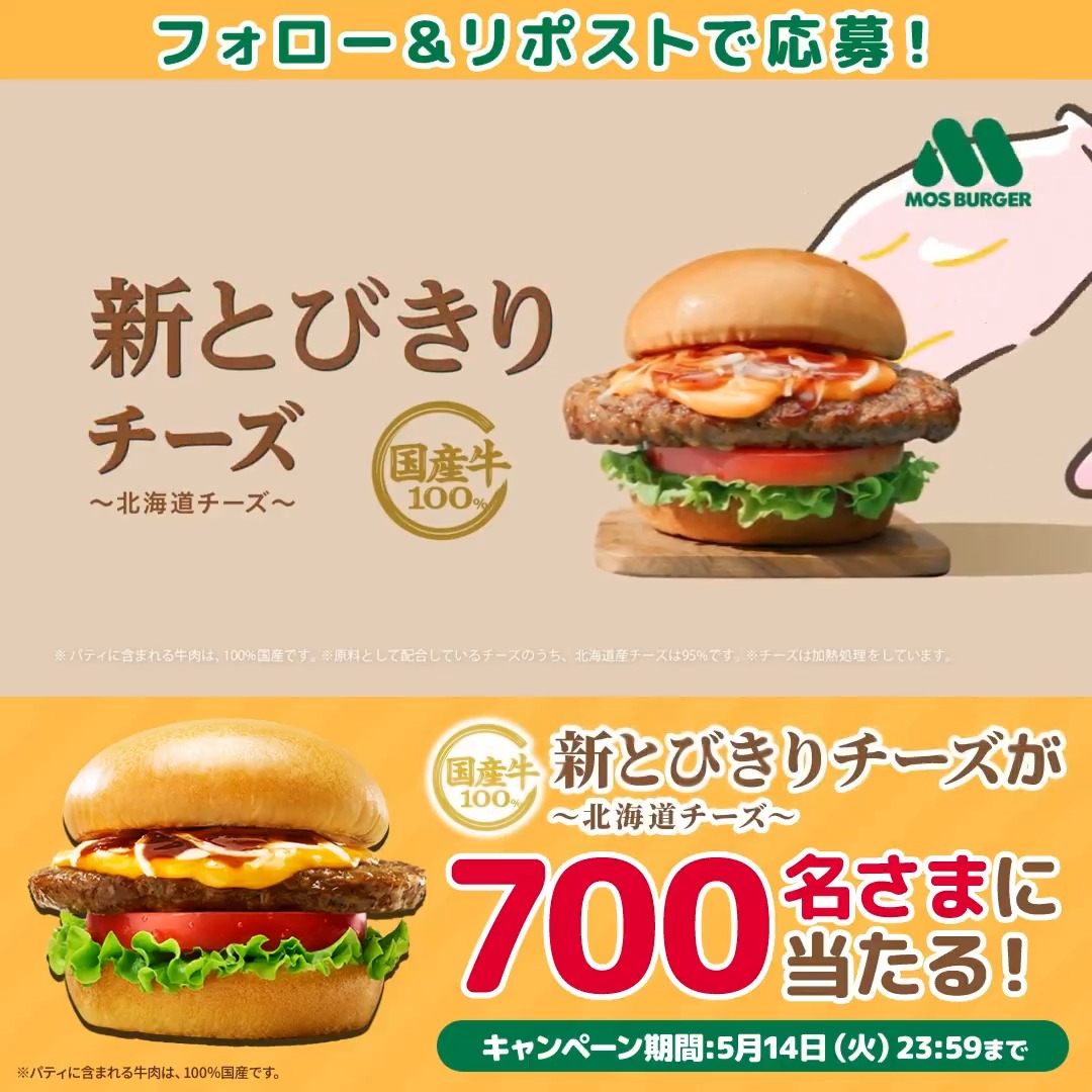 ／ #モスの新とびきりチーズ キャンペーン実施中！ 抽選で700名様に #新とびきりチーズ〜北海道チーズ〜 をプレゼント🎁 ＼ 🧀応募方法 ①モスバーガーをフォロー ②本投稿をリポスト 5/14(火)23:59まで #モスバーガー 🍔応募規約