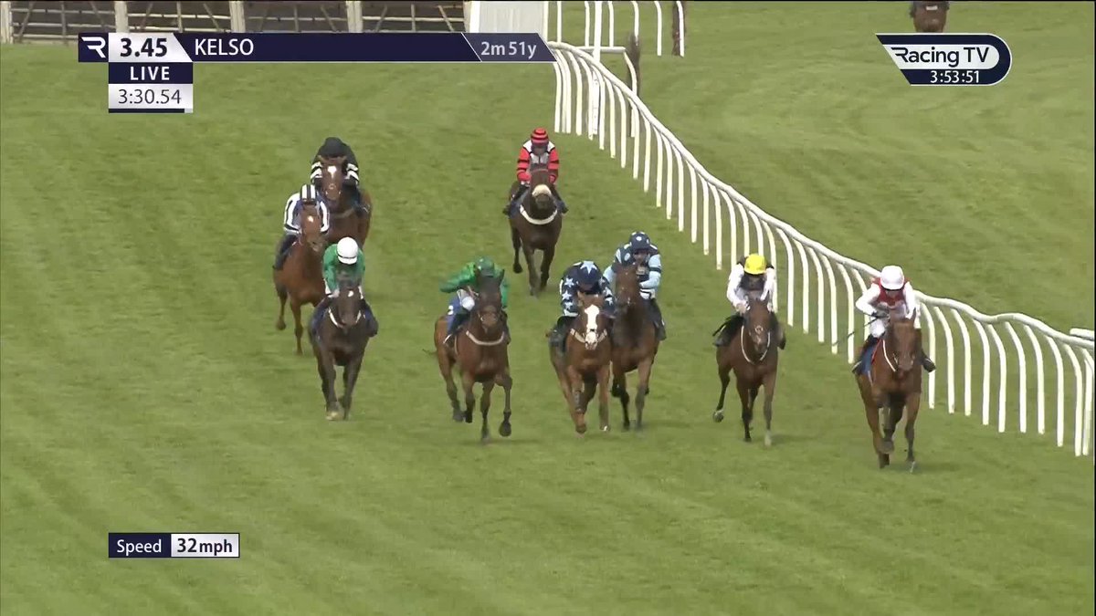 Politacus just touched off Kelso Racecourse after a brave front running effort under Liam Harrison