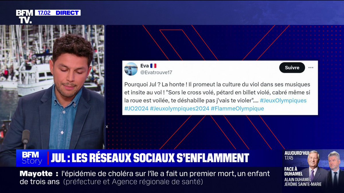 🔥🇫🇷 FLASH - "Te déshabille pas j'vais t'violer", les paroles d'une chanson du rappeur JUL, accusé de promouvoir la culture du viol, ressortent au lendemain de son port de la flamme olympique. (BFMTV)