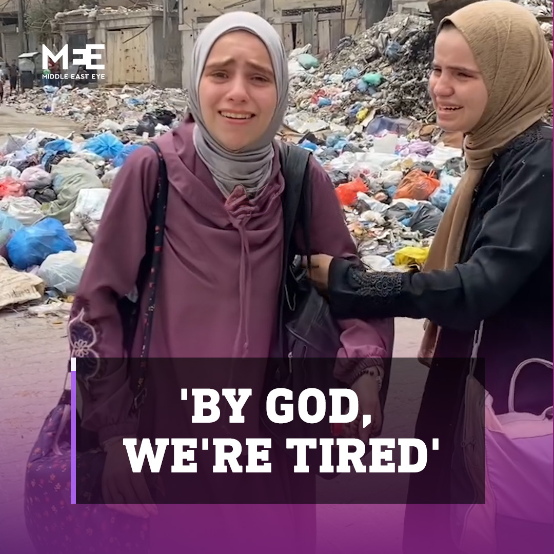 “Enough of what's happening to us” A video on social media shows a Palestinian woman collapsing in tears as she expresses her exhaustion from constantly moving from one place to another every day while fleeing from Jabalia refugee camp in the northern Gaza Strip.