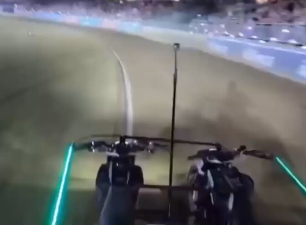 Driver’s view of the Motorcycle Roman Chariot racing main event. Coming to a city near you soon.