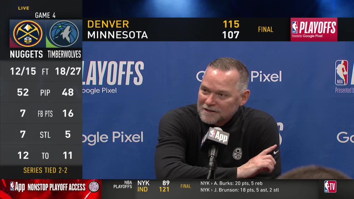 "Never underestimate the heart of a champion. They were quick to write us off... This team has been tested time and time again and we found a way to solve whatever's been thrown at us." 🗣️ Nuggets HC Michael Malone after regaining momentum in the series