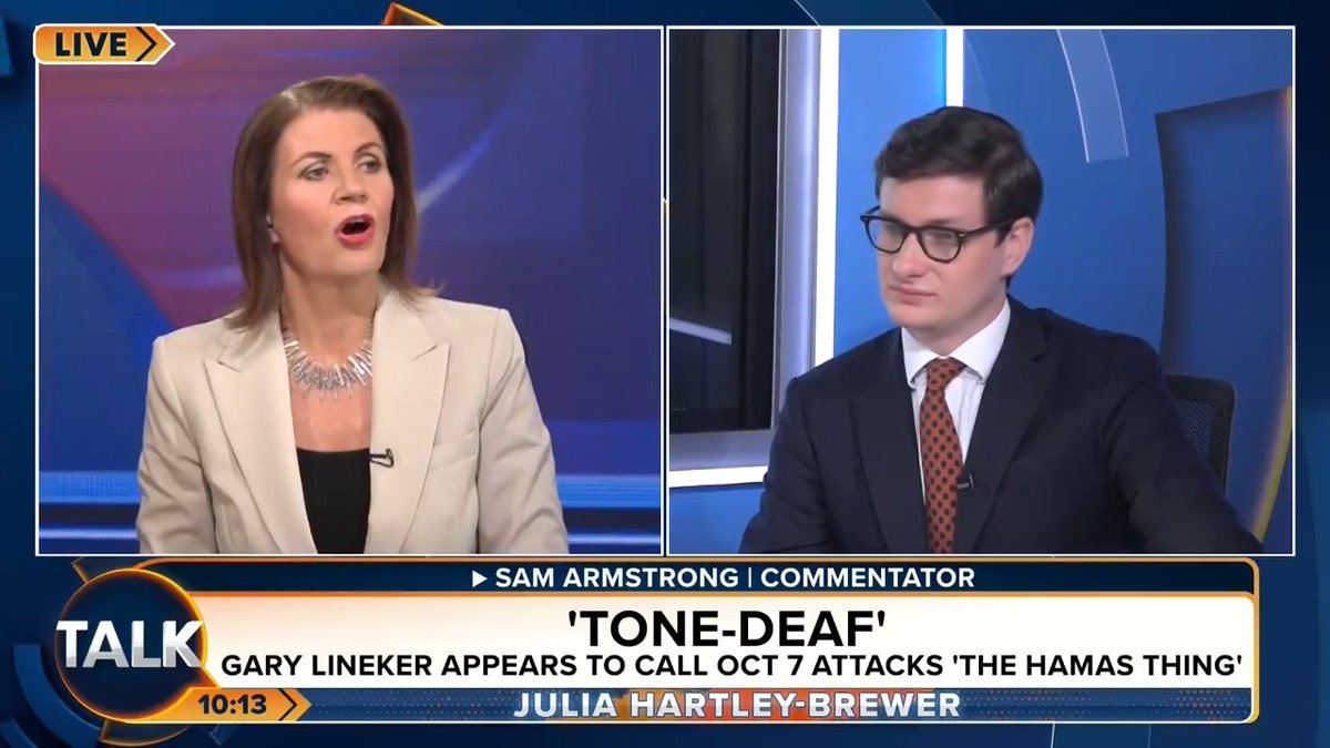 Julia Hartley-Brewer furiously blasts Gary Lineker after he referred to the October 7th attacks as ‘the Hamas thing’. “Are you effing kidding me Gary? The Hamas thing! What is he talking about?” Julia Hartley-Brewer