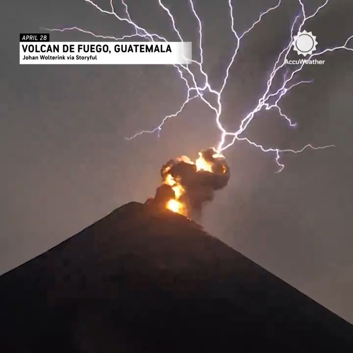 Onlookers were left in awe as a spectacular bolt of lightning appeared to burst from an erupting volcano in Guatemala.