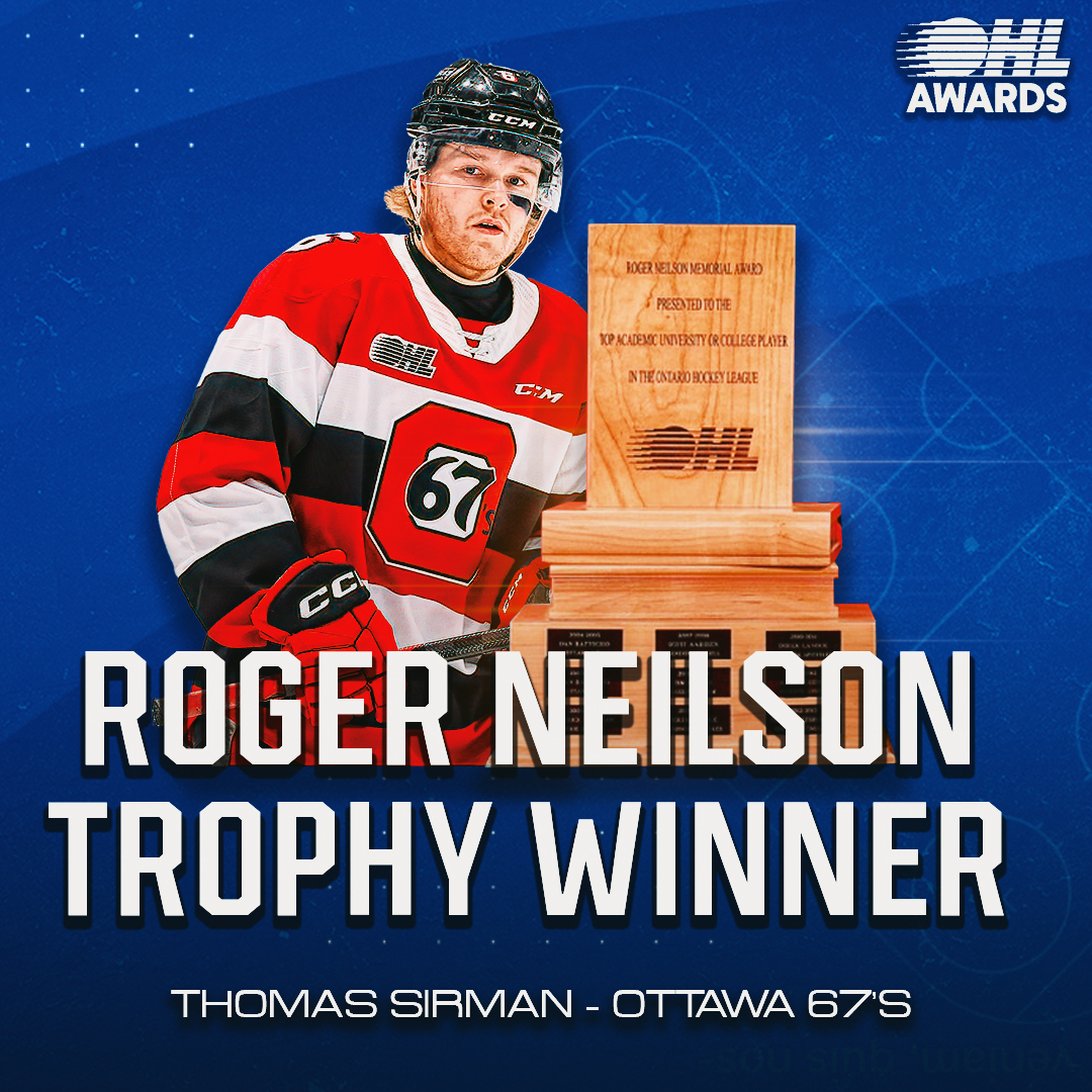 2024 #OHLAwards 🏆: Excelling in studies at Queen's University, third-year Ottawa 67’s defenceman Thomas Sirman is the 2023-24 recipient of the Roger Neilson Memorial Award presented to the #OHL's Top Academic Post-Secondary Student.
