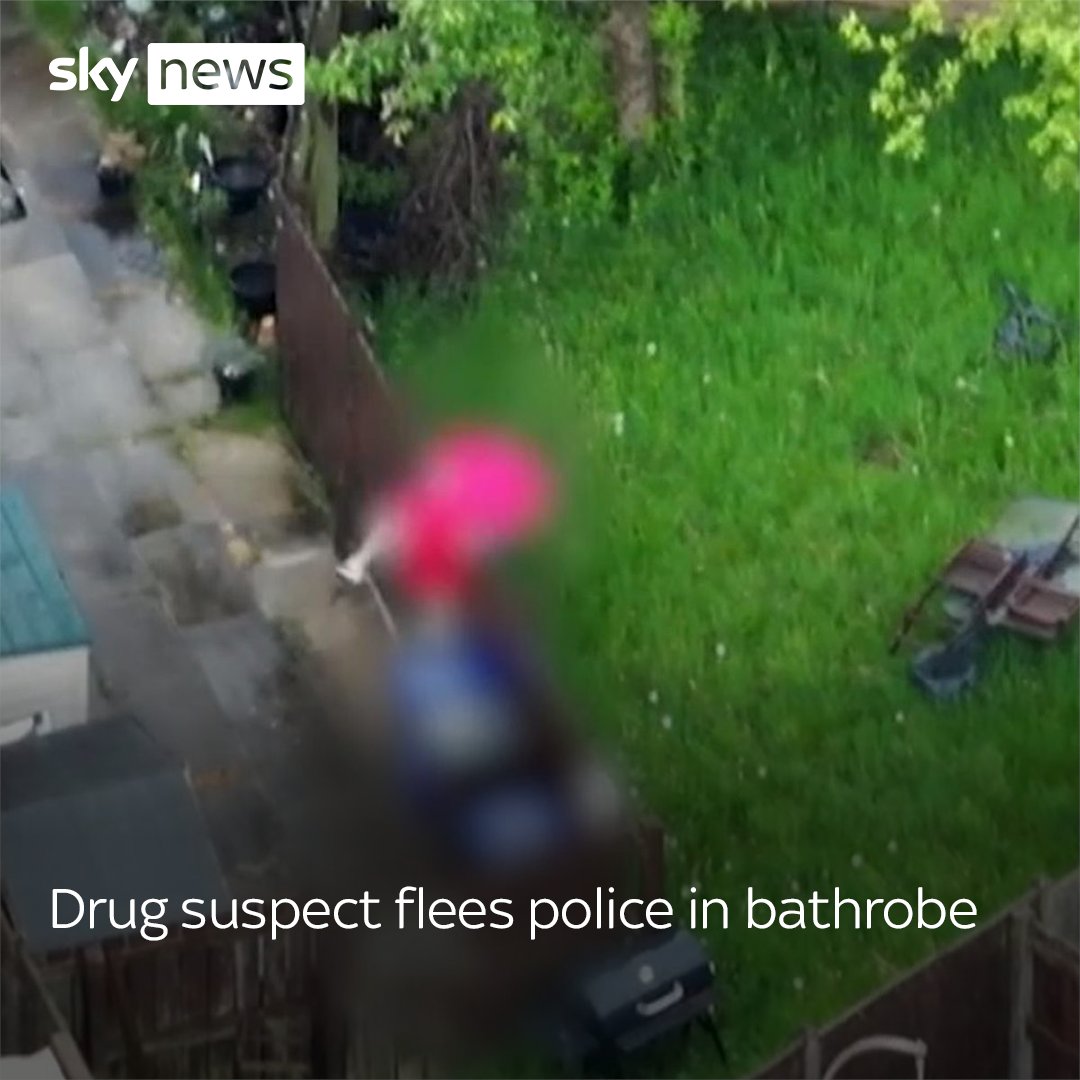A suspect, dressed in a bright red bathrobe, can be seen fleeing police officers during a major drug bust with 24 alleged drug dealers arrested across 23 addresses around Manchester.