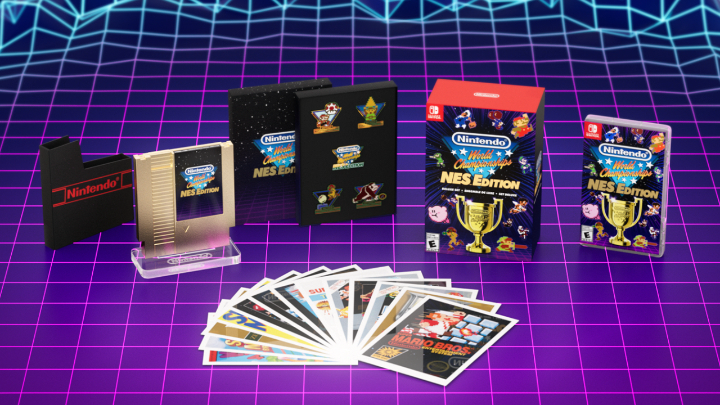 Feast your eyes on the #NintendoWorldChampionships: NES Edition – Deluxe Set! Includes: ⭐ Gold-colored replica Game Pak and stand ⭐ Set of 13 art cards ⭐ 5 pins modeled after in-game badges and game logo ⭐ Physical version of the game Learn more: