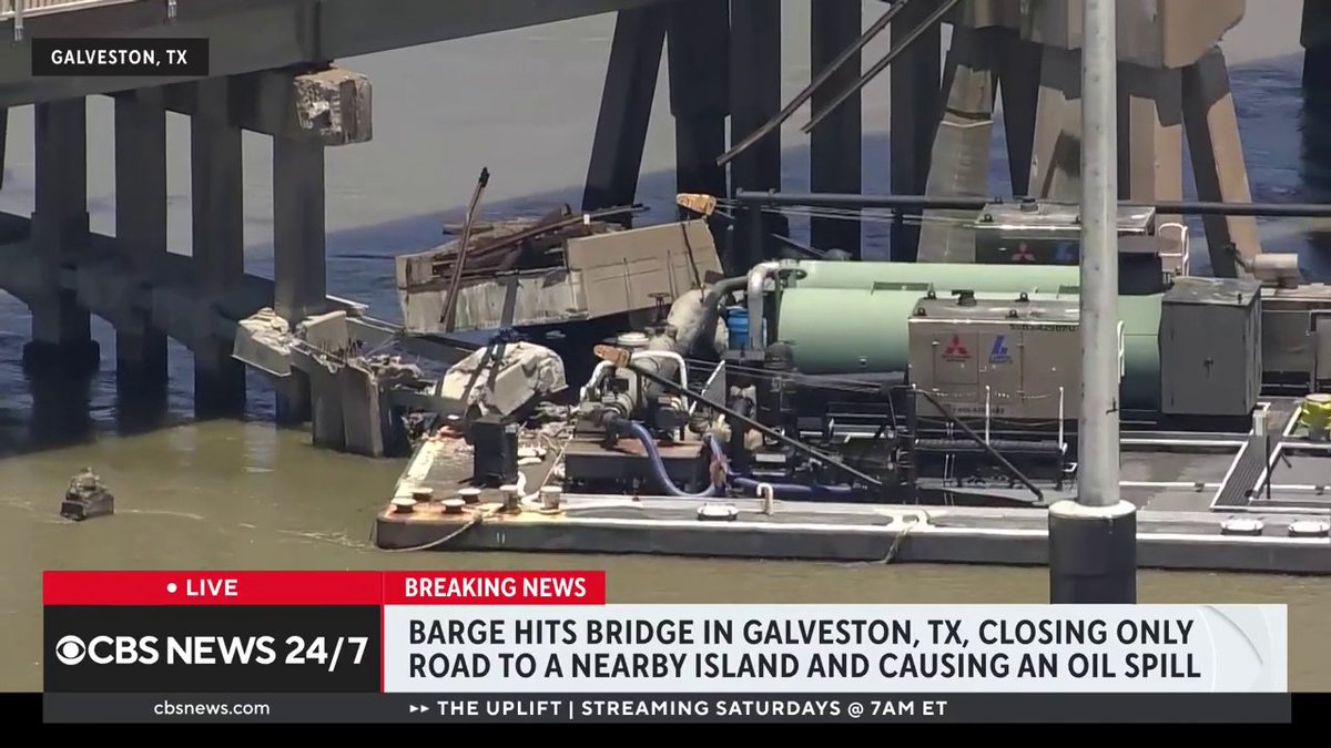 BREAKING: A barge has hit a bridge in Galveston, Texas, local officials say, causing an oil spill and closing the only roadway connected to Pelican Island. There are no reported injuries.