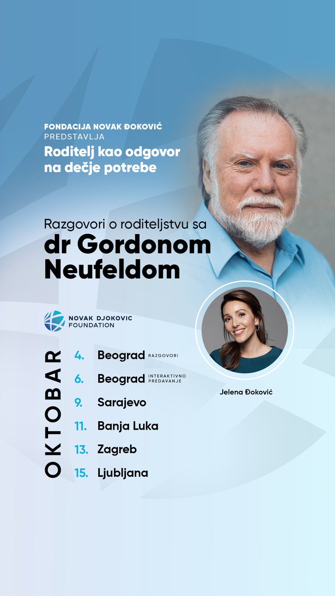 SAVE THE DATE! Dr Gordon Njufeld u oktobru će posetiti region i održati razgovore⤵️ 4.10. Beograd 9.10. Sarajevo 11.10. Banja Luka 13.10. Zagreb 15.10. Ljubljana + U Beogradu će 6.10. biti održano interaktivno predavanje u Sava centru. Karte su u prodaji