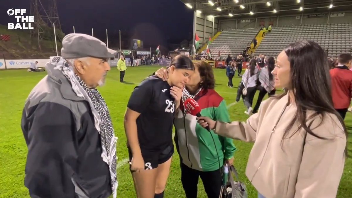 🗣 'They thought they could get rid of us, and they can't - this is proof of our existence.' 🇵🇸 Palestine player Charlotte Phillips' gave a powerful interview alongside her grandparents following their 2-1 win over Bohemian Football Club last night. 🎙: Aisling O’Reilly