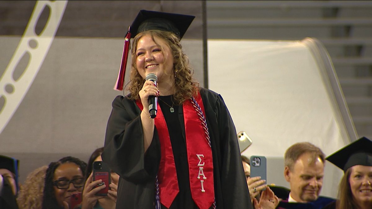 Maddie Alexander, a music therapy major in UGA Franklin College, was the "Georgia on my Mind" singer at the Spring 2024 Commencement! #UGAGrad