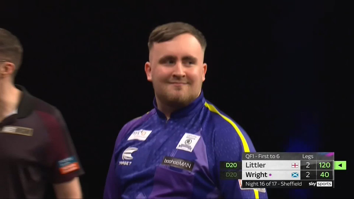 TOPS, TOPS, TOPS! 🤯 THAT IS OUTRAGEOUS! Luke Littler sends the crowd absolutely wild here in Sheffield, producing an extraordinary 120 checkout which leaves Peter Wright stunned! What a talent 👏 📺 #PLDarts | QF1