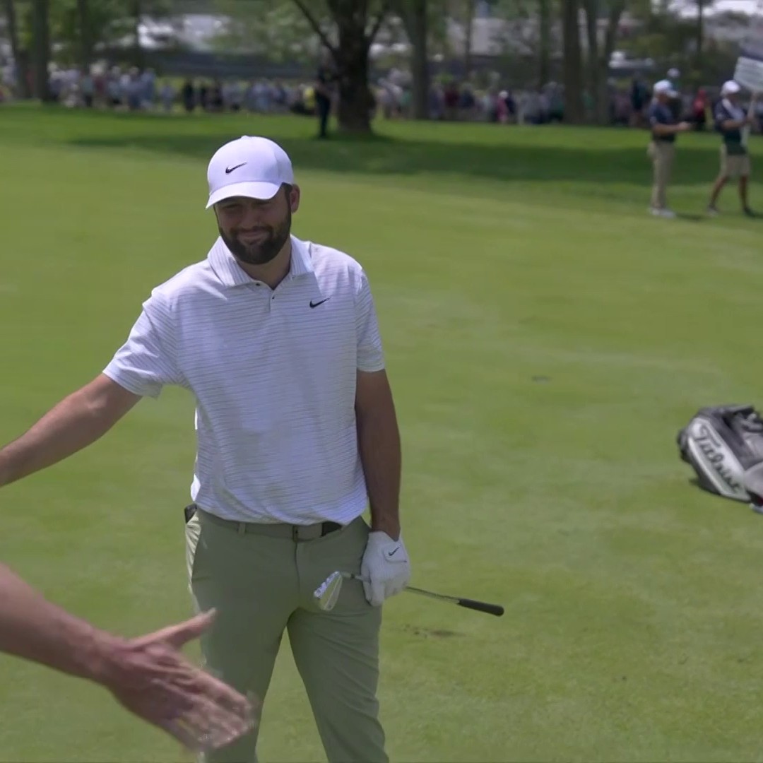 HELLO SCOTTIE SCHEFFLER 🤩 Scottie Scheffler holes out for EAGLE in his first hole of the PGA Championship.