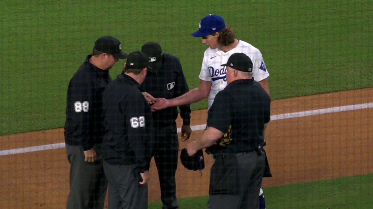 Blanco asks for his hands to be checked, the umps don't do it. They give Glasnow a hand massage and let him continue.