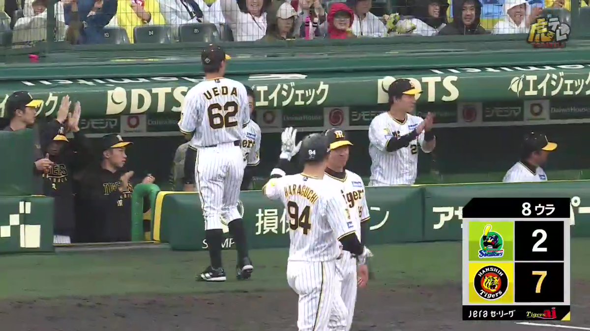 8回裏、代打の代打・原口選手がライト前タイムリーヒットを放ち、さらに盛り上がる甲子園球場！ #hanshin #虎テレ #阪神タイガース #ARE_GOES_ON