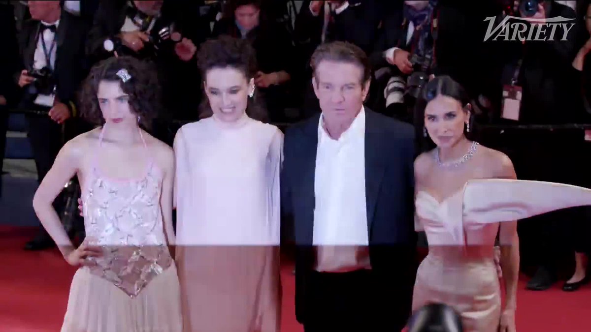 #TheSubstance director Coralie Fargeat and stars Margaret Qualley, Dennis Quaid and Demi Moore arrive to the film's Cannes premiere.