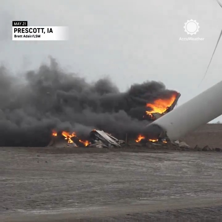 Multiple wind turbines at an Iowa wind farm were destroyed by a tornado on Tuesday afternoon, leaving behind burning wreckage. #IAwx