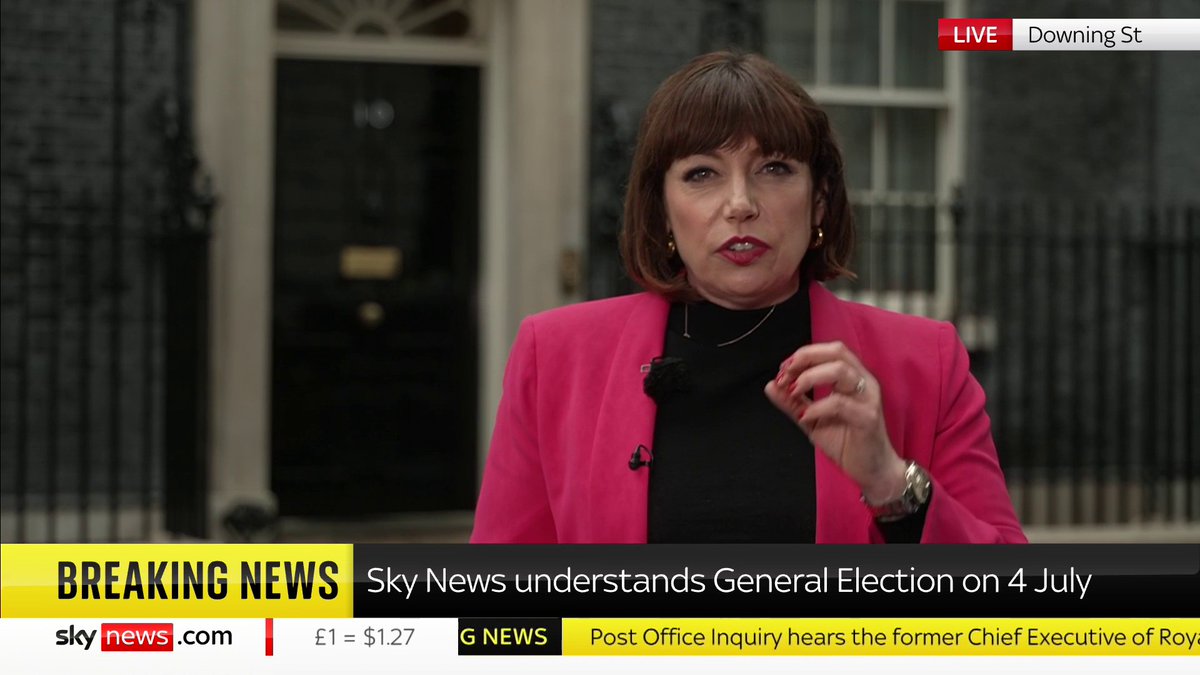 BREAKING: Rishi Sunak is to make a statement outside Downing Street at 5pm today. Our political editor Beth Rigby understands the prime minister will call an election, to be held on 4 July. Live updates: 📺 Sky 501, Virgin 602, Freeview 233 and YouTube