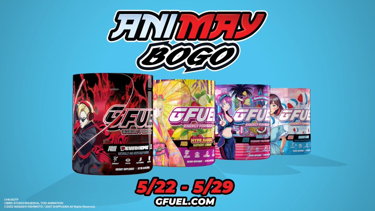 💜 💬 𝗥𝗧 + 𝗖𝗢𝗠𝗠𝗘𝗡𝗧 "G FUEL" to win 2 #GFUEL ENERGY TUBS of your choice! 2 winners picked on Friday in honor of our #aniMAY 𝗕𝗢𝗚𝗢 𝗦𝗔𝗟𝗘! ⚡️ VALID THRU MAY 29! ⚡️ MIX N' MATCH FLAVORS! ⚡️ 40+ FLAVORS TO CHOOSE FROM! 🛍️ 𝗦𝗛𝗢𝗣: