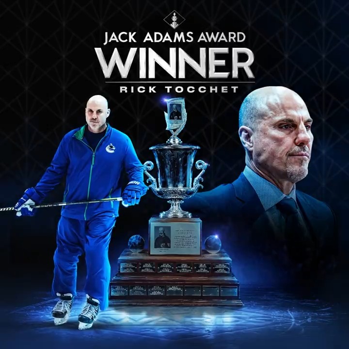 Congrats Coach! 🎉 #Canucks Head Coach Rick Tocchet has been named this year's winner of the Jack Adams Award, becoming the third Canucks coach to do so. #NHLAwards