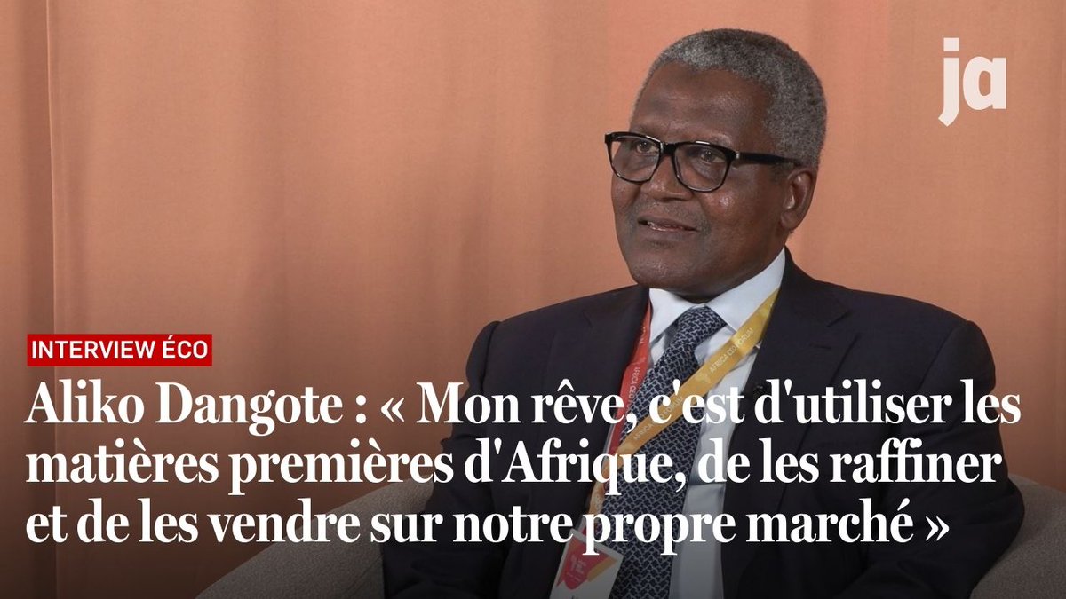 🔴 Aliko Dangote : « Mon rêve, c’est d’utiliser les matières premières d’Afrique, de les raffiner et de les vendre sur notre propre marché » Dans un entretien exclusif à Jeune Afrique, le tycoon nigérian Aliko Dangote confirme sa stratégie de diversification en brut américain – qu’il espère provisoire. Il s'est confié à Aurélie M'Bida et Kanika Saigal (Jeune Afrique Éco/ Jeune Afrique / The Africa Report) en marge de l’Africa CEO Forum 2024 à #Kigali #Dangote #Nigeria #Zlecaf #Afrique #Pétrole #Ciment #Agrobusiness Plus d'infos à retrouver sur Jeune Afrique