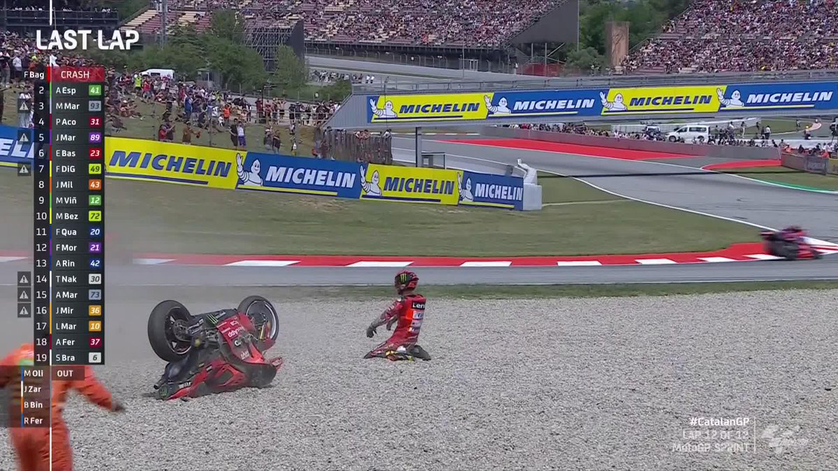 MORE AND MORE DRAMA 🤯 Pecco Bagnaia crashes out of the lead in the last lap as Marc Márquez takes 2nd from Pedro Acosta 😱 #CatalanGP 🏁